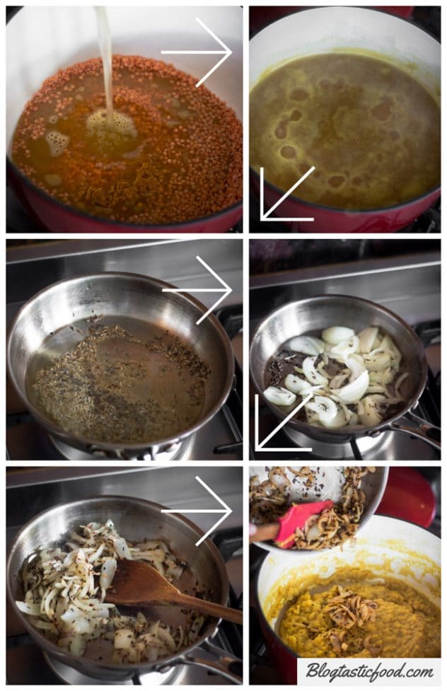 A step by step series of photos showing how to make red lentil dhal.