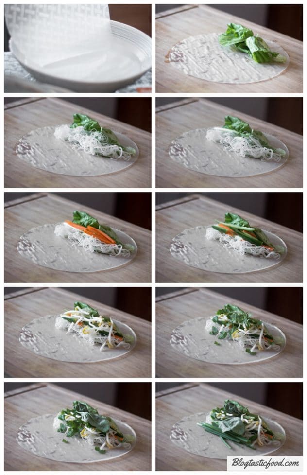 A step by step series of photos showing how I stacked the ingredients on a piece of soaked rice paper.