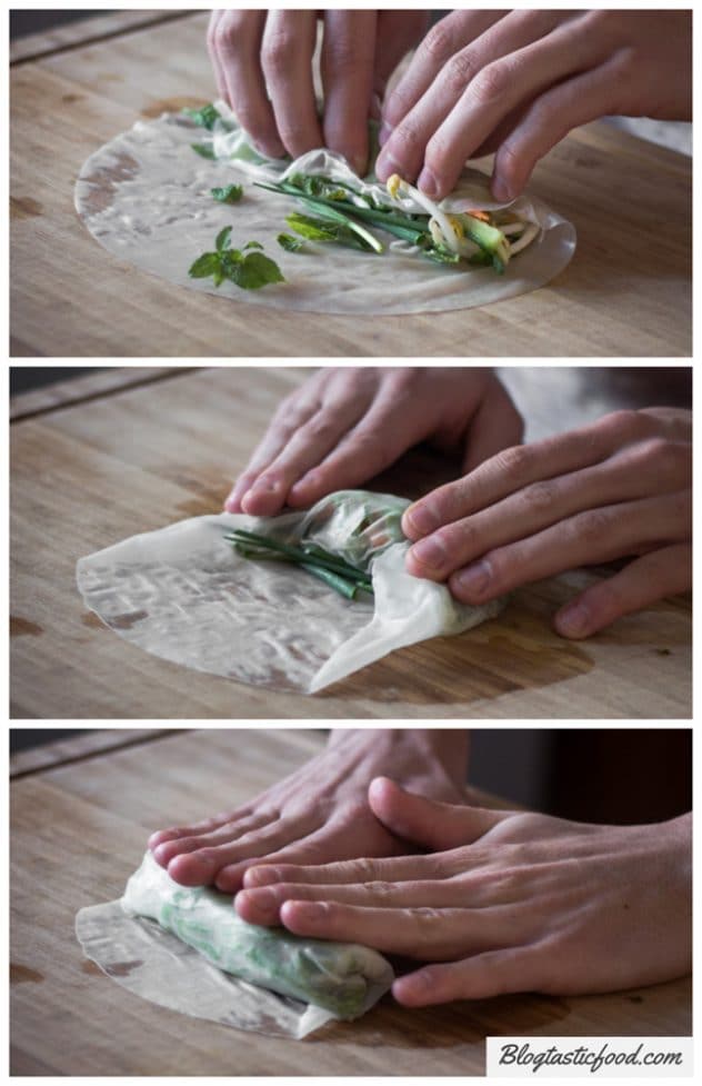 3 photos shown in the form of a step by step guide on how to roll a Vietnamese rice paper roll.
