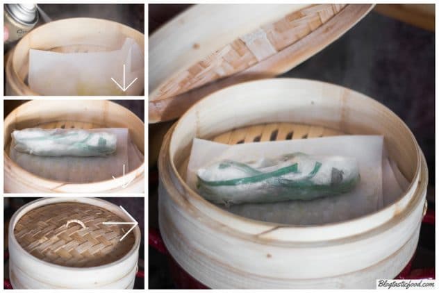 4 photos shown in the form of a step by step guide on how to steam a Vietnamese spring roll.