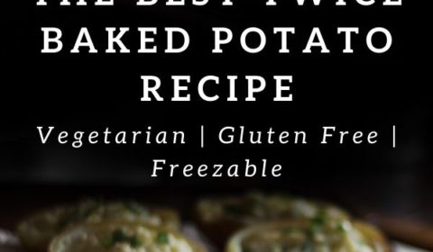 A recipe of twice baked potatoes presented in the form of a pin for Pinterest.