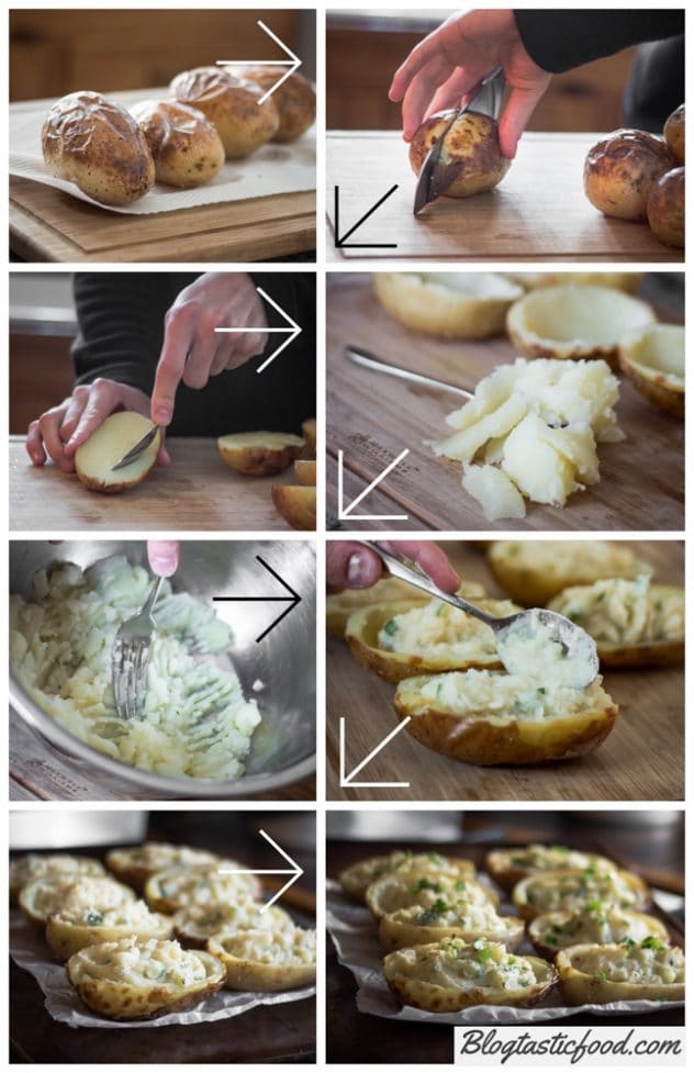 A step by step series of photos showing how to prepare twice baked potatoes.