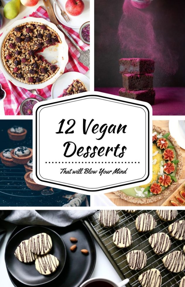 A vegan dessert roundup post presented in the form of a pin for Pinterest.