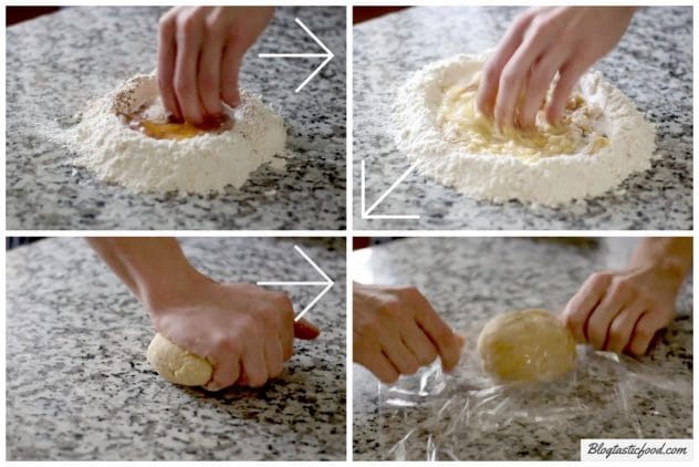 A step by step series of photos showing you to bind and knead pasta dough.