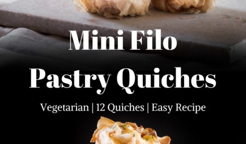 Mini filo pastry quiches presented in the form of a pin for Pinterest.