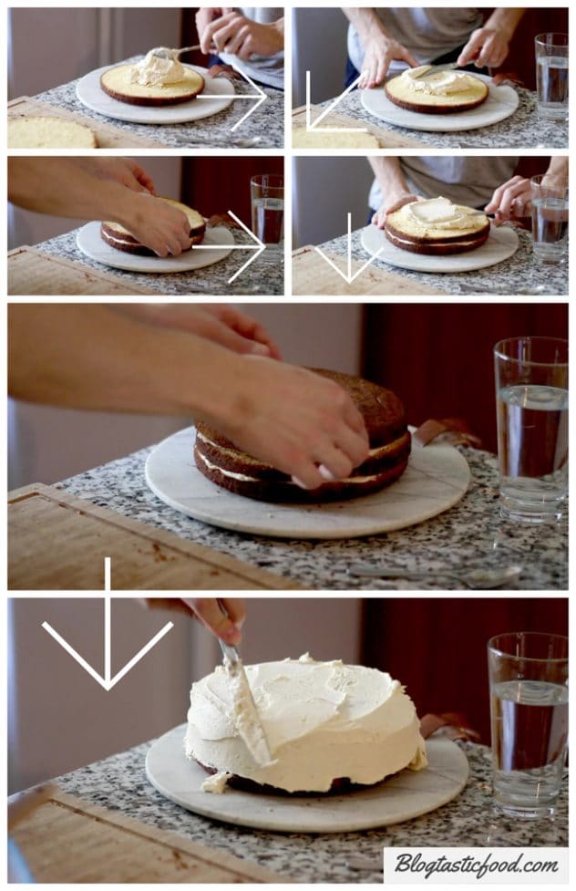 A step buy step guide showing how to layer a cake.