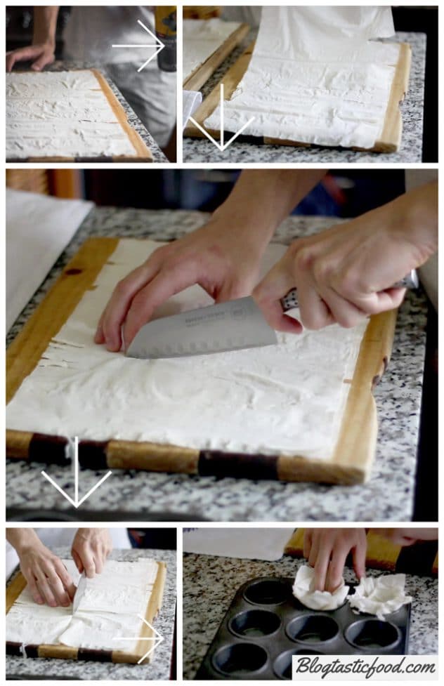 A step by step series of photos demonstrating how to layer, cut and put filo pastry into muffin molds.