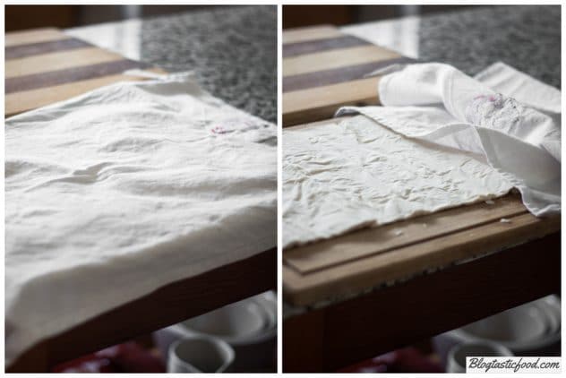 A collage of two photos. One of filo pastry layed out on a table and one of a tea-towel covering the filo pastry.
