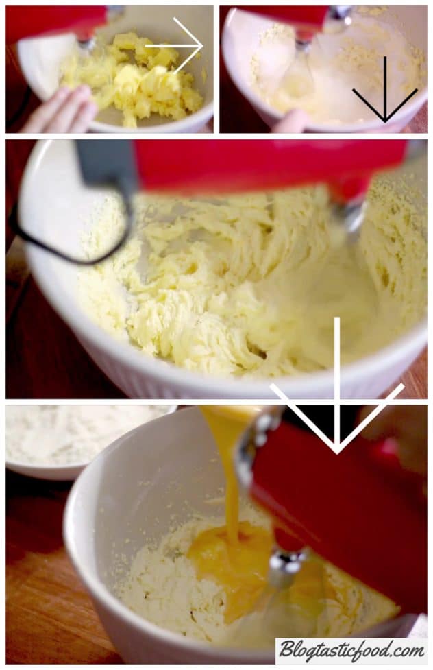 A step by step photo showing how to beat the batter for a orange, almond and polenta bundt cake.