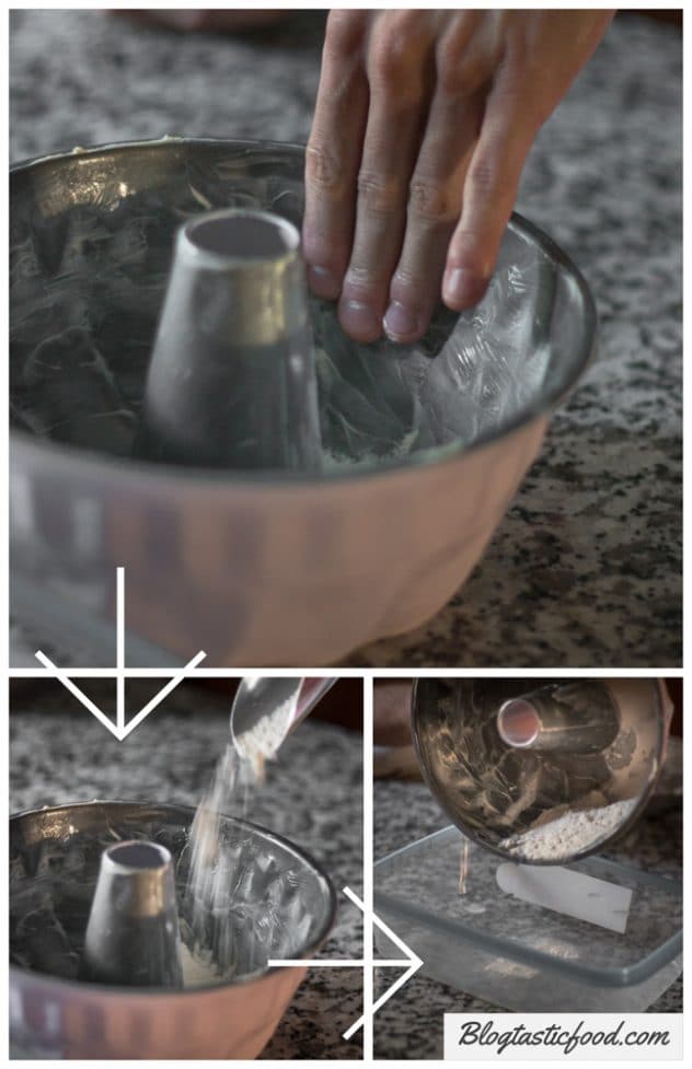 A step by step series of photos showing how to grease and dust a bundt tin.
