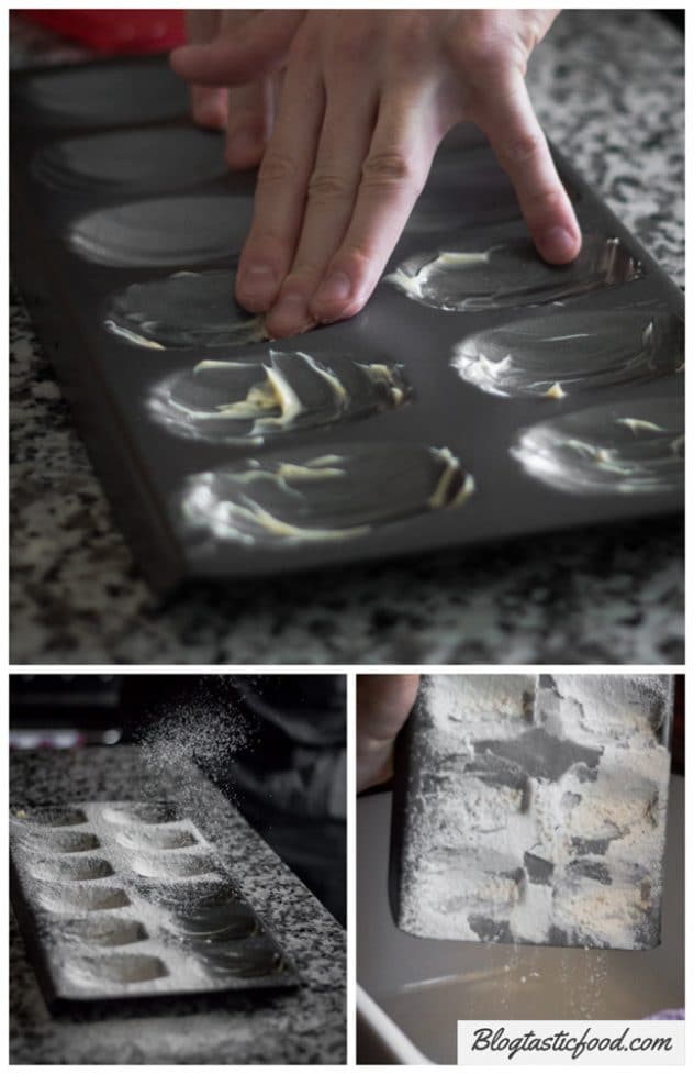 A series of photos showing how to grease and dust Madeleine moulds.