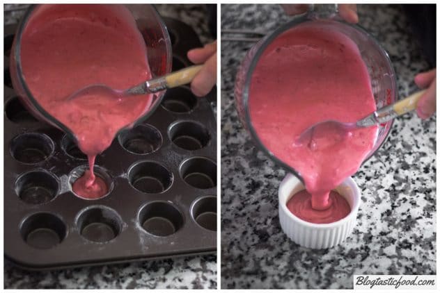 Side by side photos of Madeleine batter being poured into a mini muffin mould, and a ramekin.
