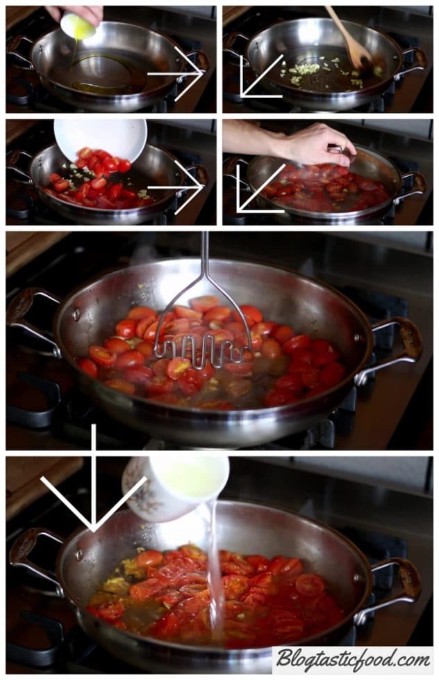 A collage showing a step by step series of photos showing how to make an easy tomato sauce for pasta.