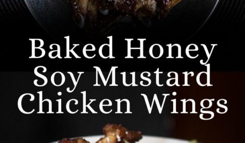 A honey soy mustard chicken wing recipe presented in the form of a pin for Pinterest.