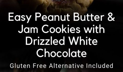 A white chocolate drizzle peanut butter and jam cookie recipe presented in the form of a pin for Pinterest.