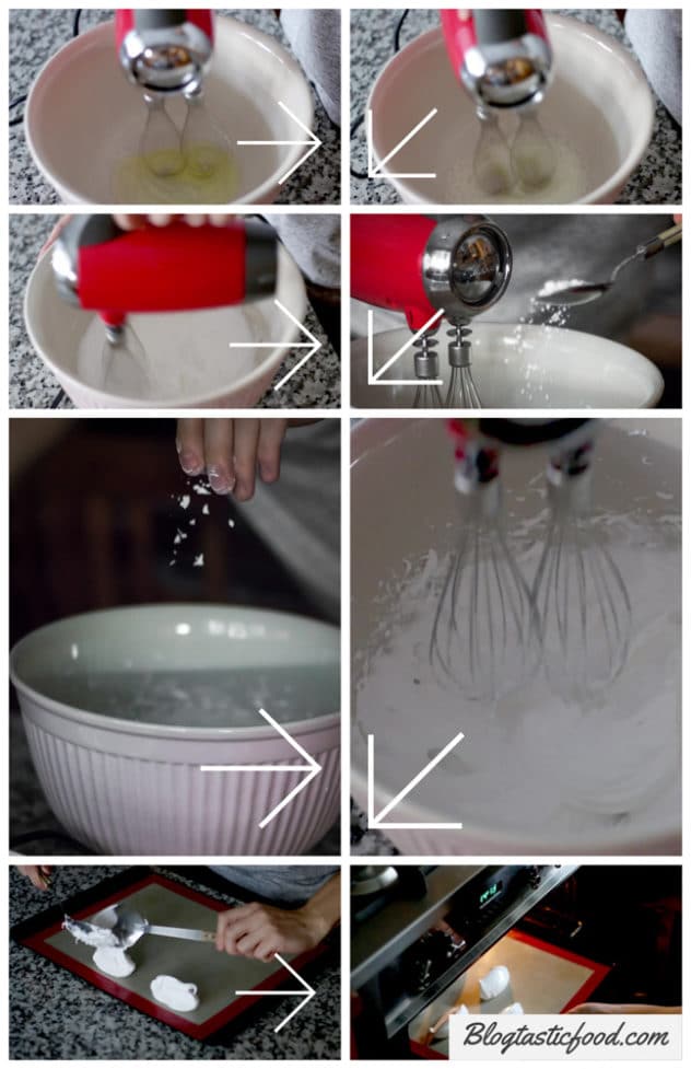 A step by step series of photos showing how to make meringues. 