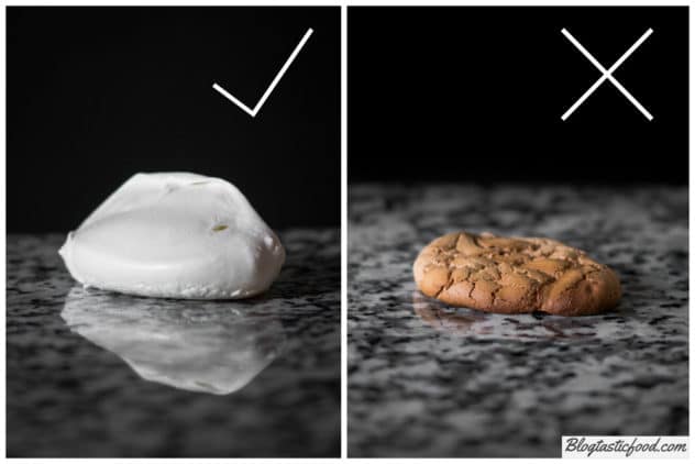 A collage of 2 photos. one photo showing a meringue that has been cooked with too much heat and a photo of a meringue that has been cooked at the perfect temperature.
