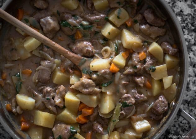 An overhead photo of the filling for an Irish stew pie.