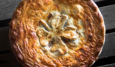 A overhead photo of a pie that has just been cooked.