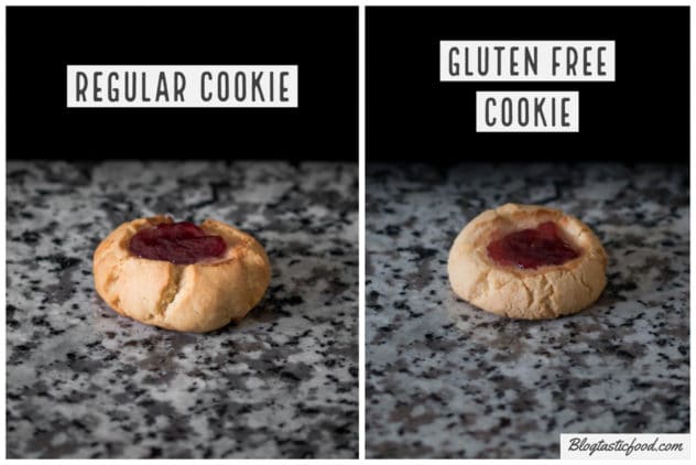 2 photos side by side. One of a peanut butter cooie made with regular self raising flour, and one made with gluten free self raising flour.