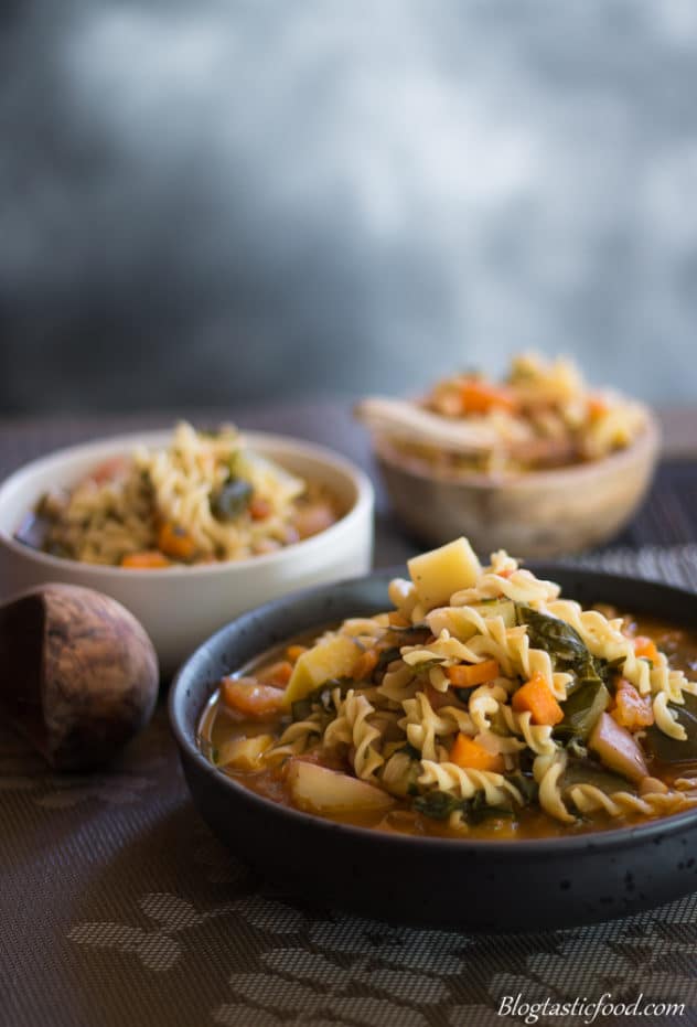 Bowls of minestrone soup that have not been garnished