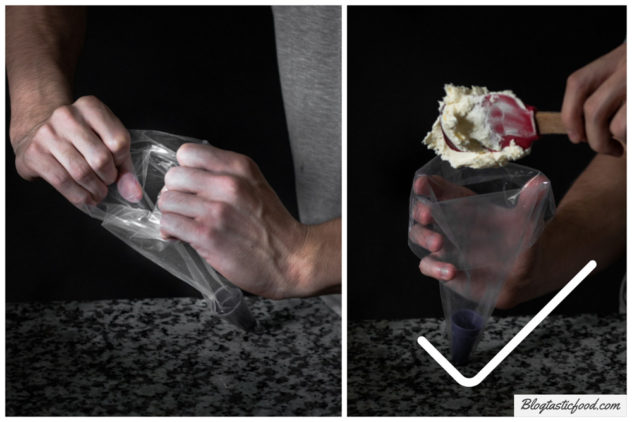 a couple of photo showing how to correctly fill a piping bag.