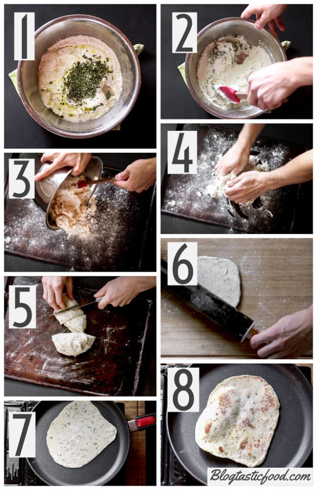 A step by step series of photos showing how to mix, knead, roll and toast dough to make flat breads.