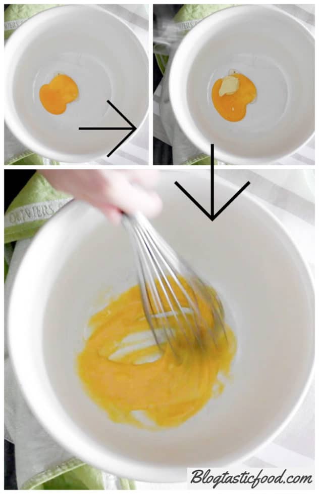 A step by step series if photos of mustard being whisked through an egg yolk.