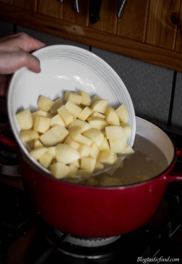 A photo of someone adding diced potatoes to a pot of water.