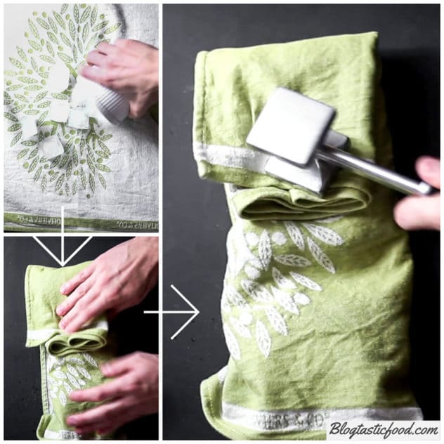 A series of 3 photos showing how I crush ice by wrapping it in a tea-towel and bashing it with a tenderizer.