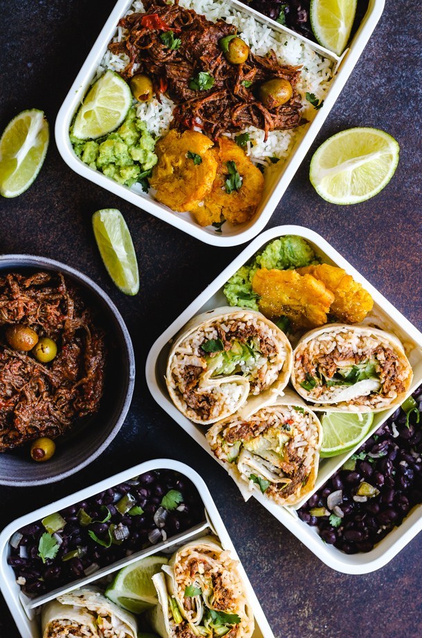 A overhead photo of ropa vieja served in a pot and in burritos. 