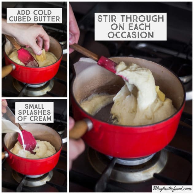 A step by step guide showing butter and cream getting mixed through pureed potato in a pot. 
