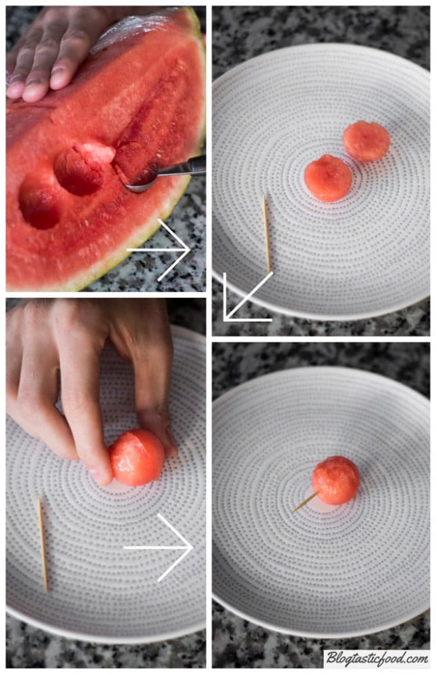 A step by step series of photos showing how to create a ball of watermelon. 