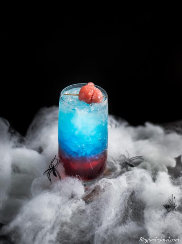 A photo of a red and blue layered cocktail surroundered by fake spiderwebs. 