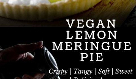 A vegan lemon meringue pie recipe post presented in the form of a pin.