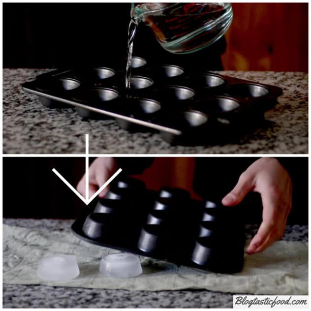 2 photos of large ice cubes being made in a muffin tin. 