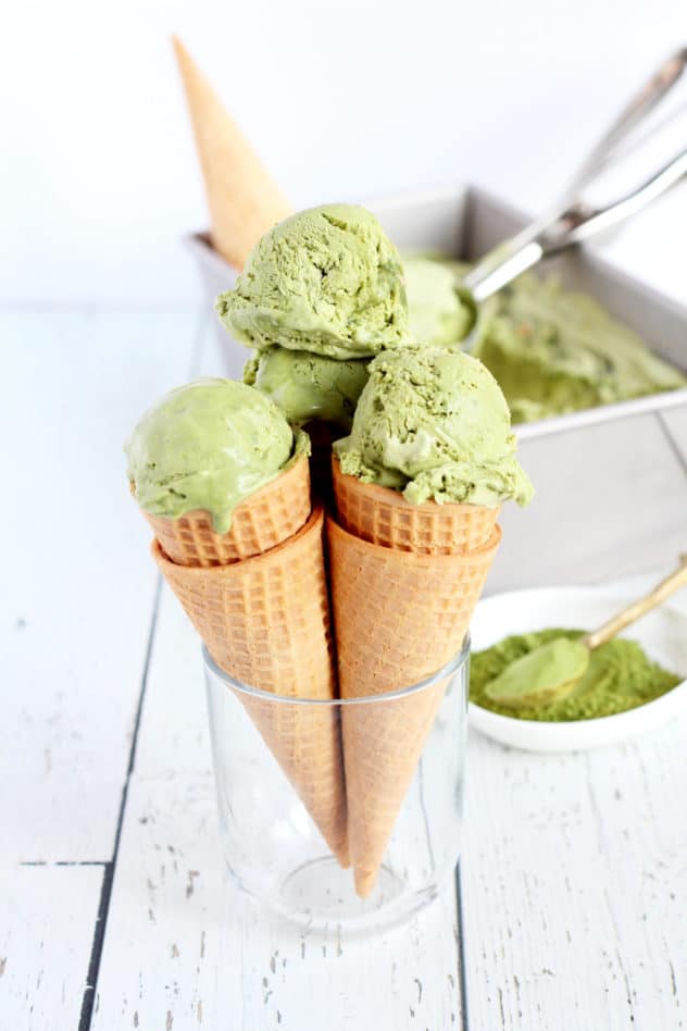 Matcha green tea no churn ice-cream served in 3 different cones.