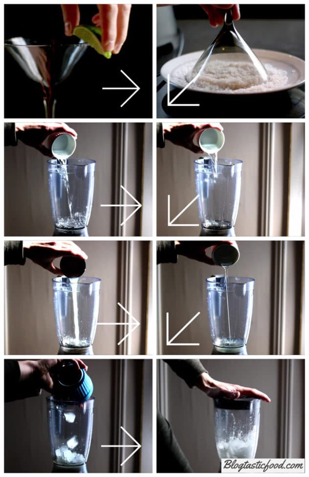 A step by step series of photos showing how to make a frozen margarita.