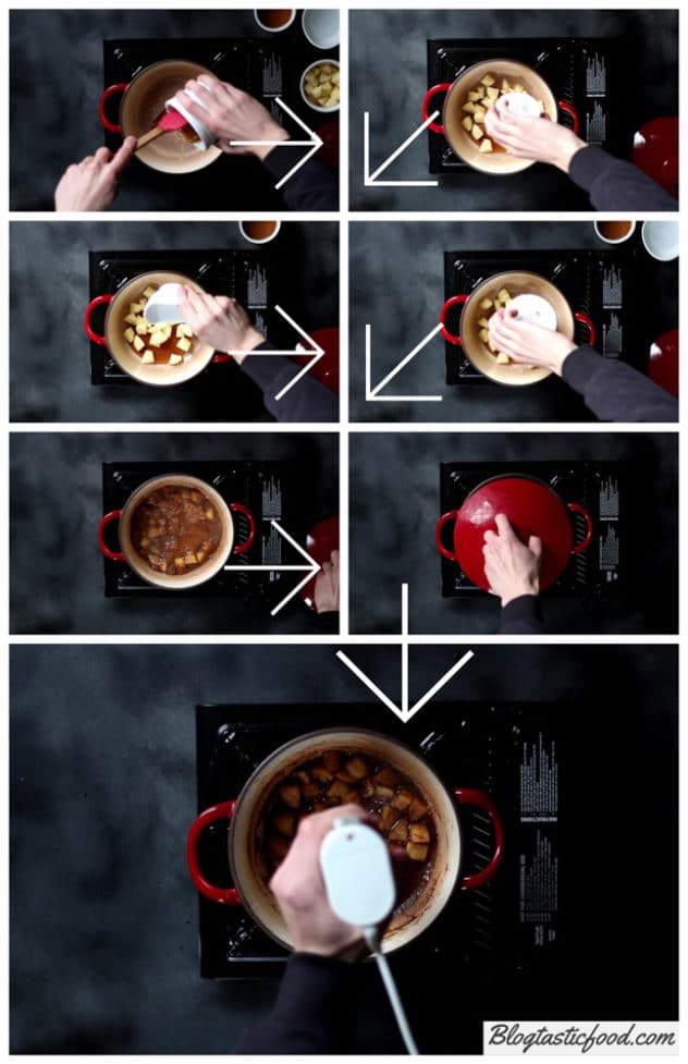 A step by step collage showing how to make applesauce.