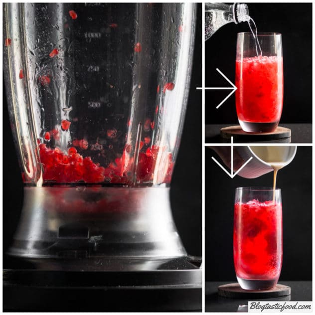 A step by step collage showing how to make an IT movie cocktail with rhasberries.