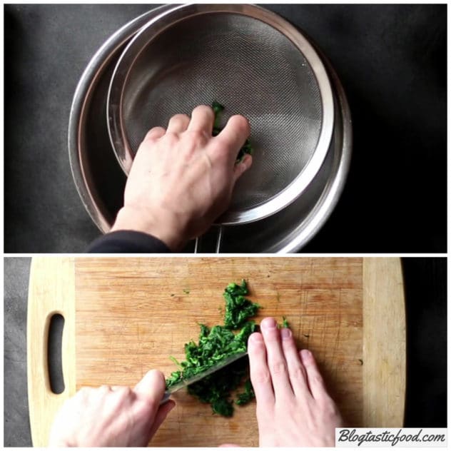 A collage of photos showing how to squeeze the water out of wilted spinach, then chop it on a chopping board.