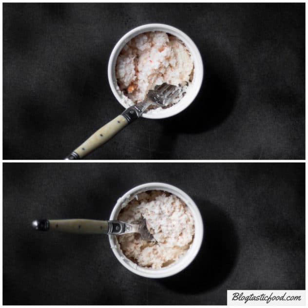 A before and after collage of crab and cream cheese in a ramekin, then a photo of the 2 ingredients mixed together.