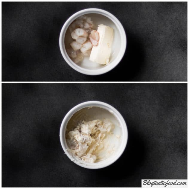 A before and after collage of diced shrimp and cream cheese in a ramekin, then a photo of the 2 ingredients mixed together.