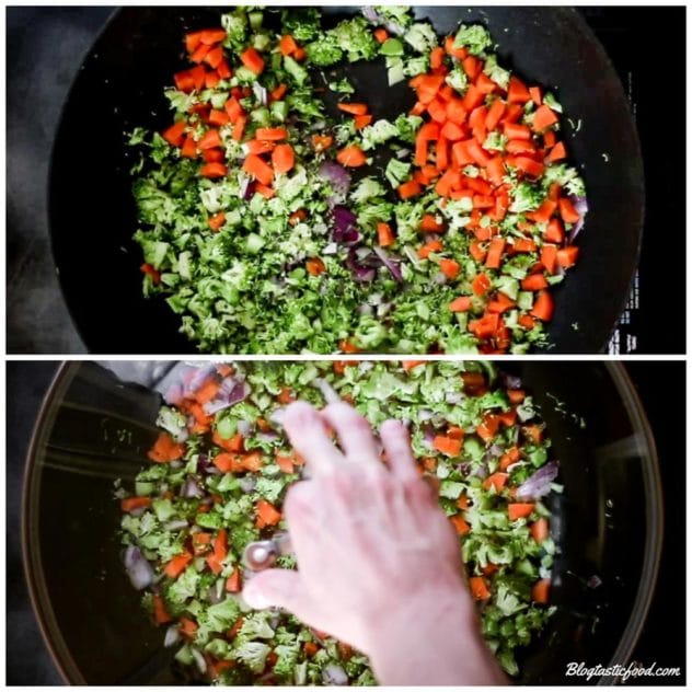 A collage of 2 photos, one of vegetables frying in a wok, and then one of some putting a lid over that wok.
