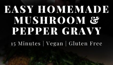 A mushroom and pepper gravy recipe post presented in the form of a pin for Pinterest.