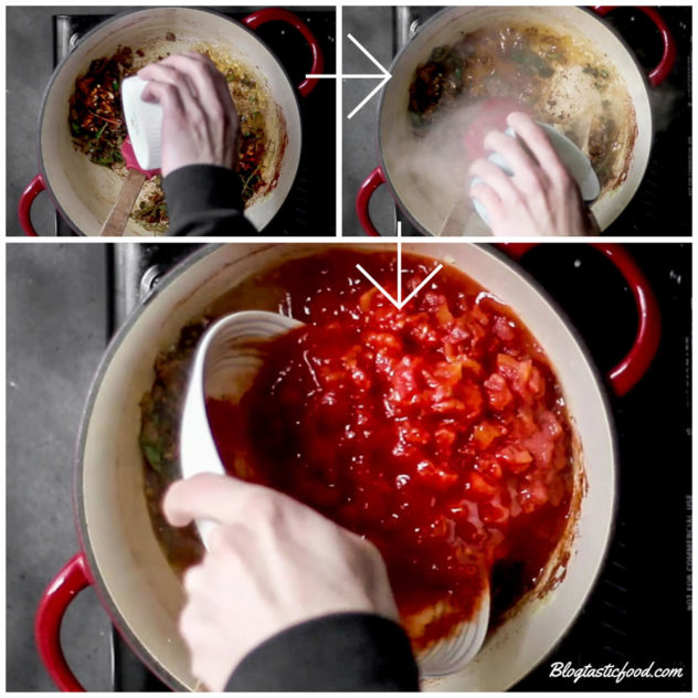 A collage of photos showing me putting wet ingredients in a pot filled with aromatics. 