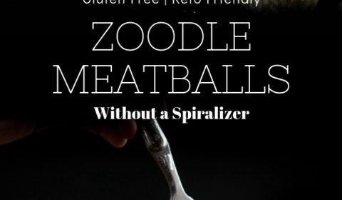 A zoodle meatballs recipe post presented in the form of a pin for Pinterest.