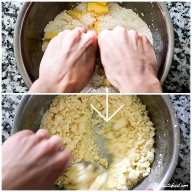 A collage of 2 photos, showing someone pinching butter and flour together, then showing the breadcrumb consistency result.
