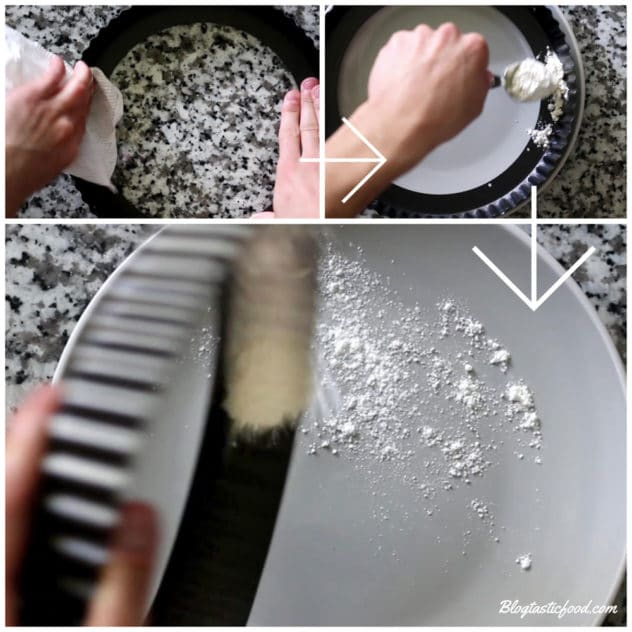 A step by step collage showing how to grease and dust a tart tin.