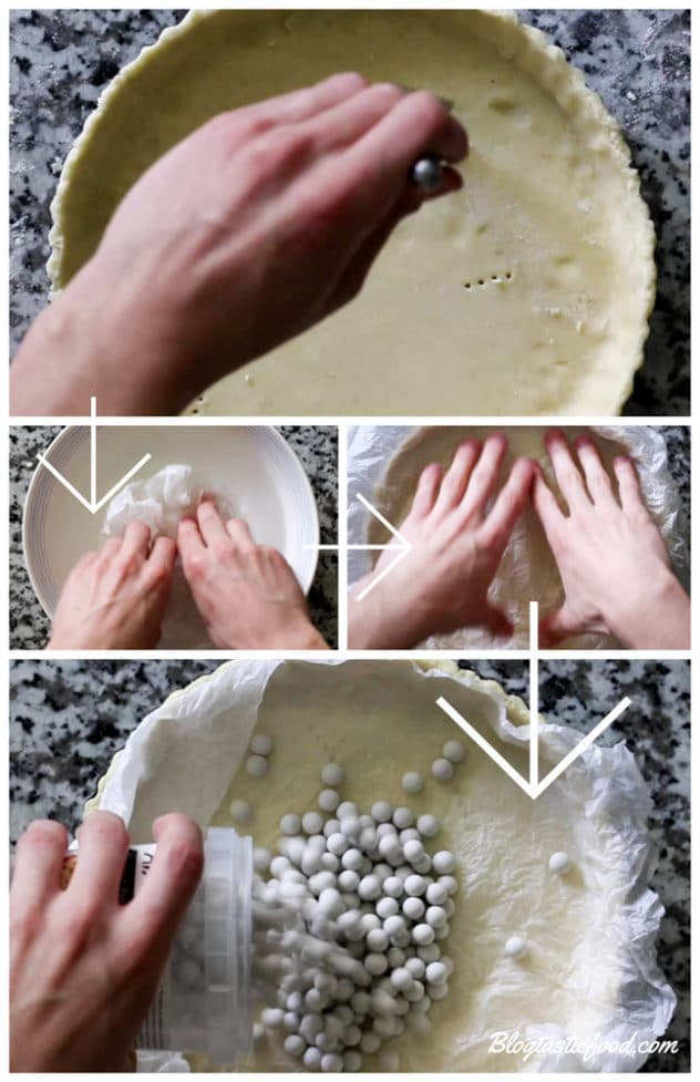 A step by step collage showing soaked baking being placed over pastry in a tart tin, then the baking beans being added.